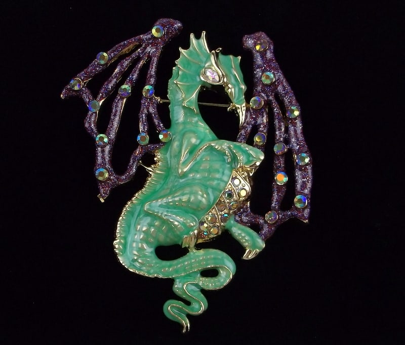 Big Mint Enameled Rhinestone Dragon Brooch (1 of 2)