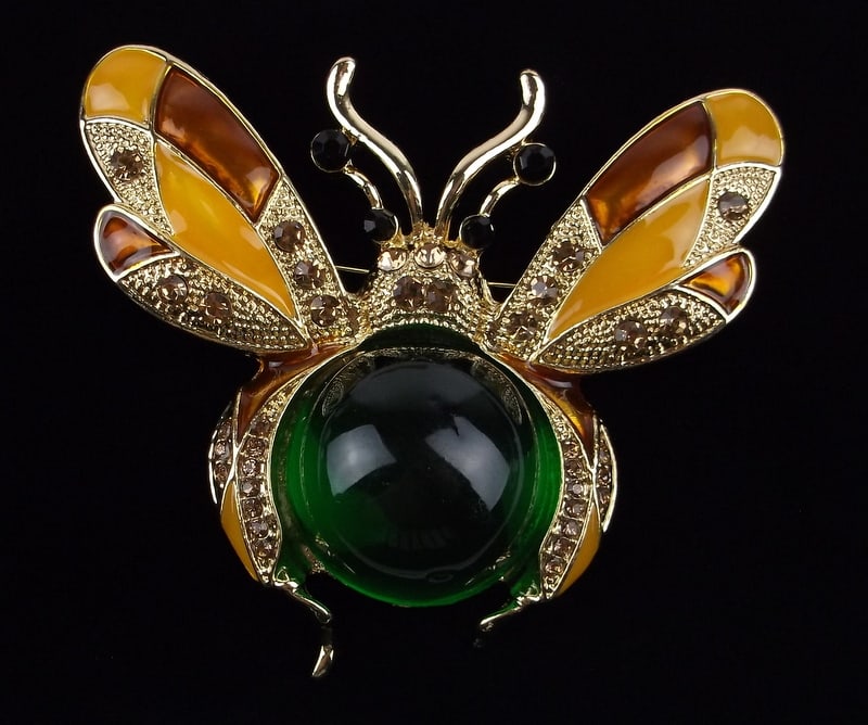 Big Mint Enameled Jelly Belly Rhinestone Bee Brooch Insect: Mint Condition, In Like New Condition, Perfect