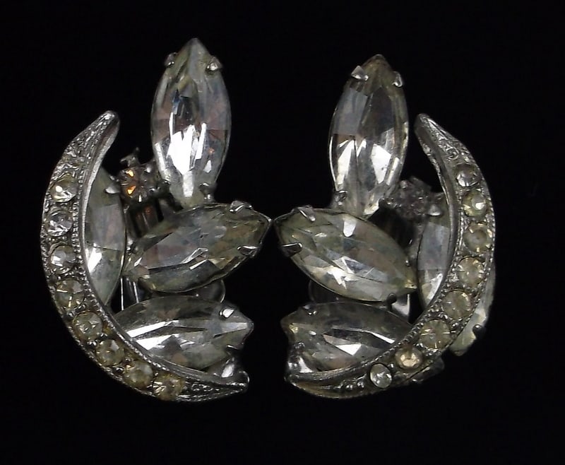 Stunning Vintage 1940s Astra Rhinestone Moon Earrings: excellent condition