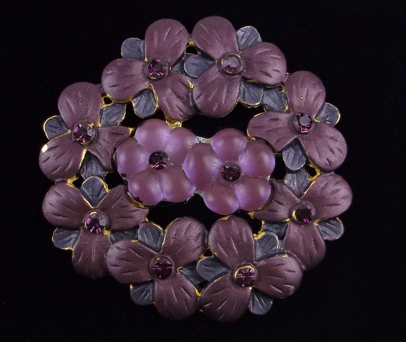Mint Vintage Enameled Rhinestone Lucite Flower Brooch: Mint Condition, In Like New Condition, Perfect