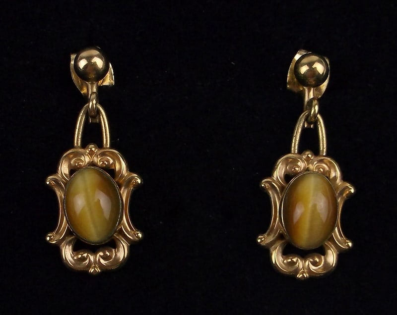 Mint Vintage 1960s 12kt GF Tigers Eye Earrings: Mint Condition, In Like New Condition, Perfect