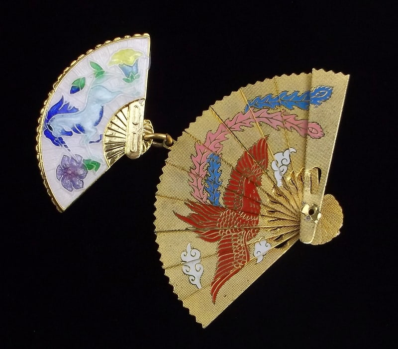Mint Vint Cloisonne Unicorn Crane Fan Brooch: Mint Condition, In Like New Condition, Perfect