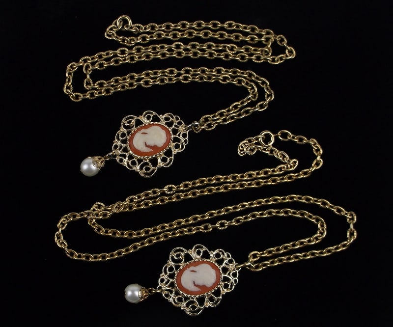 2 Mint Vint 1960s Sarah Coventry Cameo Necklace Lot 24": Mint Condition, In Like New Condition, Perfect