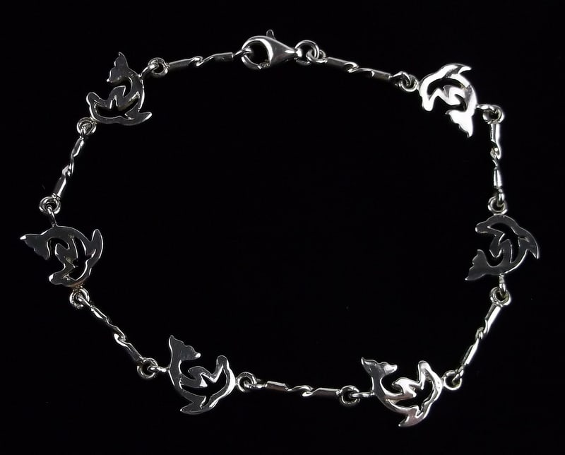Mint Vintage Thick Sterling Silver Dolphin Chain Bracelet 7.5": Solid sterling silver in mint condition