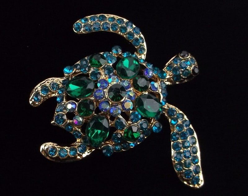 Mint Enameled Rhinestone Sea Turtle Brooch (1 of 2)