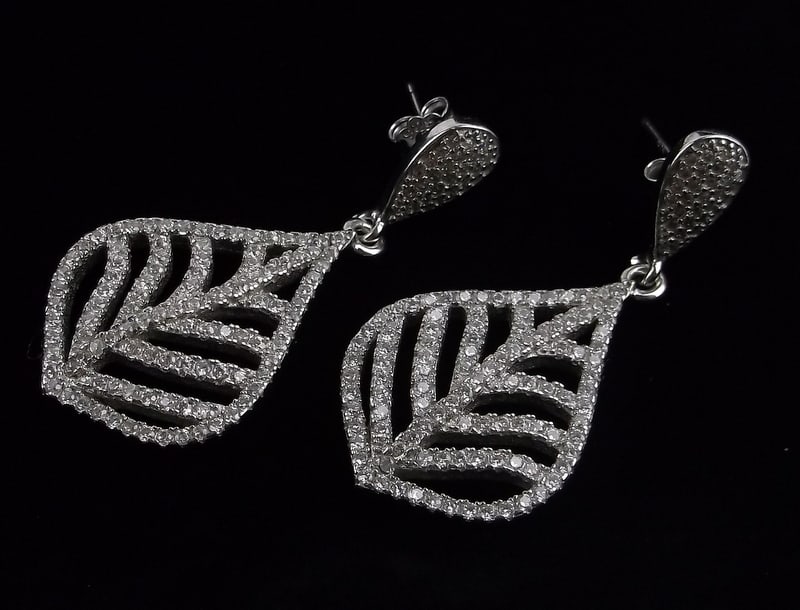 New Thick Heavy Sterling Silver Crystal Leaf Drop Earrings (1 of 3)