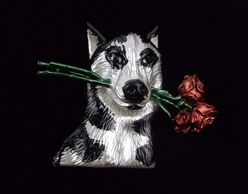 Mint Enameled Rhinestone Husky Dog Roses Brooch (1 of 2)