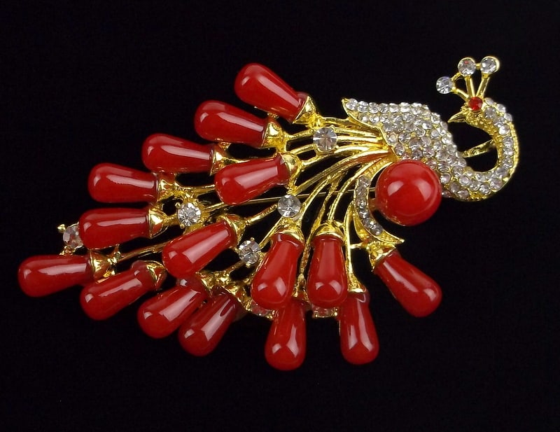 Mint Enameled Rhinestone Lucite Peacock Brooch: Mint Condition, In Like New Condition, Perfect