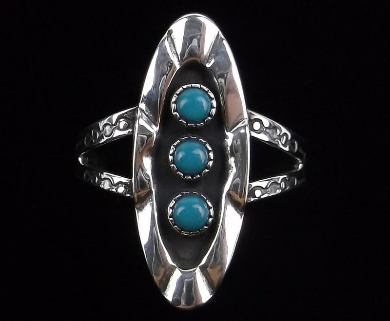 1940s Navajo Sterling Silver 3 Turquoise Dot Ring Adj 7-8 (1 of 4)