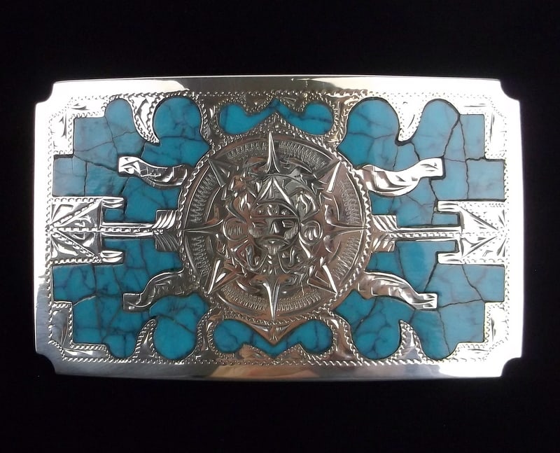 Big Heavy 1960s Taxco Sterling Turquoise Mayan Belt Buckle (1 of 8)