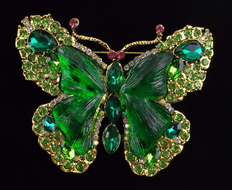 Big Mint Enam Rhinestone Emerald Lucite Butterfly Brooch (1 of 3)