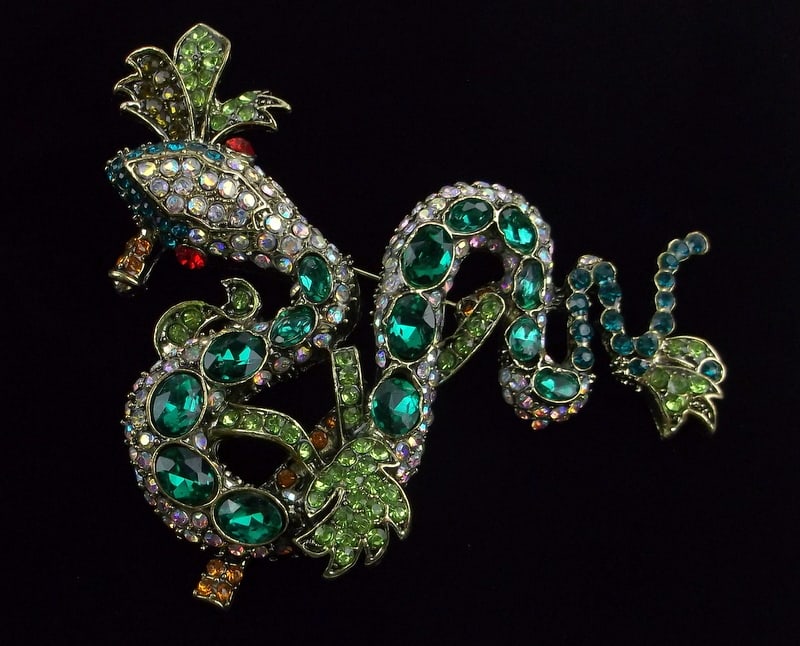 Big Mint Enameled Rhinestone Jungle Snake Brooch (1 of 2)