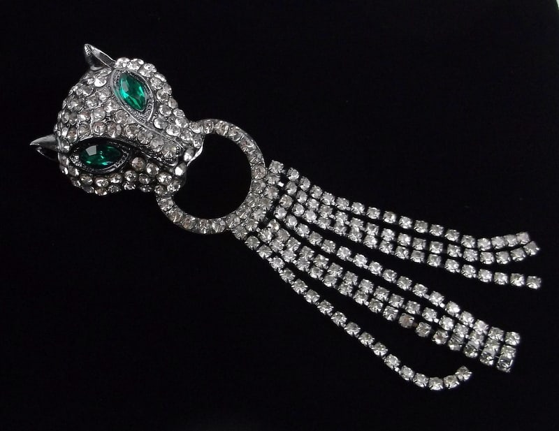 Mint Enameled Rhinestone Panther Drop Brooch (1 of 2)
