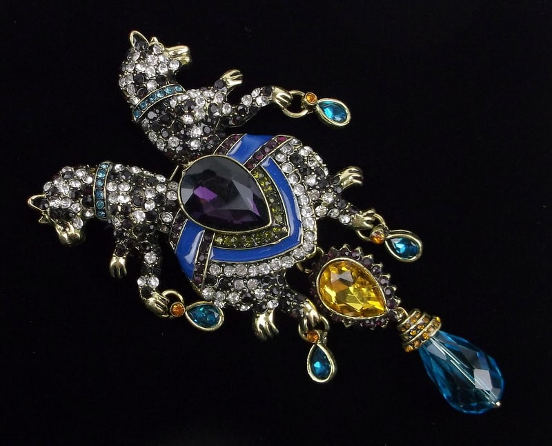 Big Mint Enameled Rhinestone Double Wolf Brooch (1 of 2)