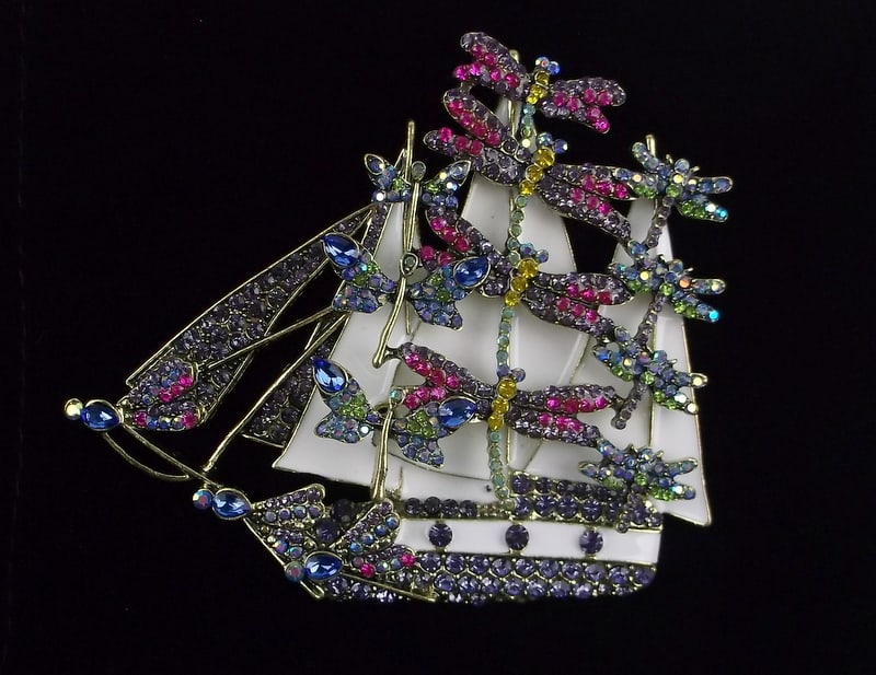 Huge Mint Enameled Rhinestone Dragonfly Ship Brooch (1 of 2)