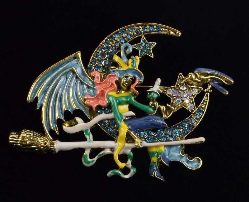 Big Mint Enameled Rhinestone Witch Cat On Moon Brooch (1 of 2)