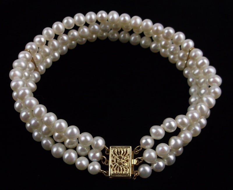 New 14kt Gold 3 Row Natural Pearl Bracelet 7.5" (1 of 3)