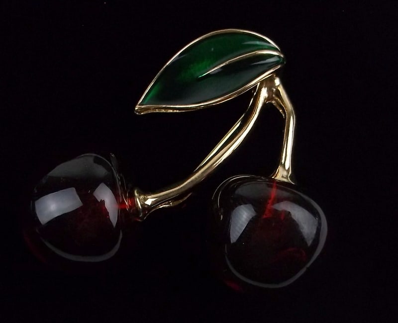 Mint Enameled Lucite Cherry Brooch: Mint Condition, In Like New Condition, Perfect