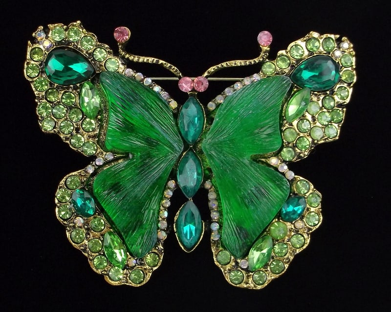 Big Mint Enameled Rhinestone Lucite Butterfly Brooch: Mint Condition, In Like New Condition, Perfect
