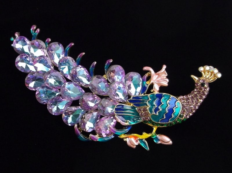 Mint Enameled Rhinestone Peacock Brooch Big (1 of 2)