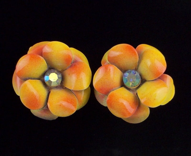Mint 1960s Coro Craft Enameled Rhinestone Flower Earrings: Mint Condition, In Like New Condition, Perfect