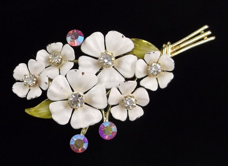 Stunning 1950s Coro Craft Rhinestone Flower Brooch Enameled: excellent condition