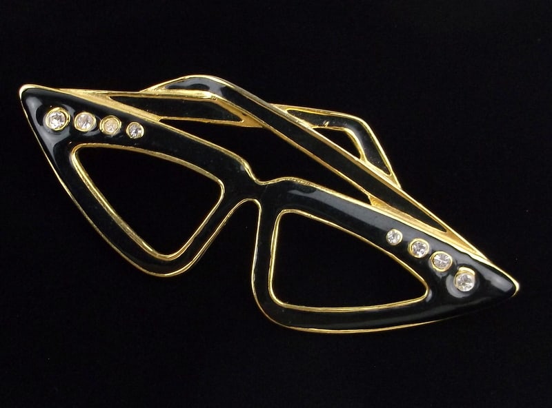 Mint Vint Enameled Rhinestone Cat Eye Glasses Brooch: Mint Condition, In Like New Condition, Perfect
