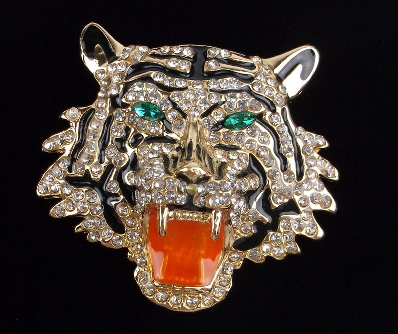 Big Mint Enameled Rhinestone Tiger Brooch (1 of 2)