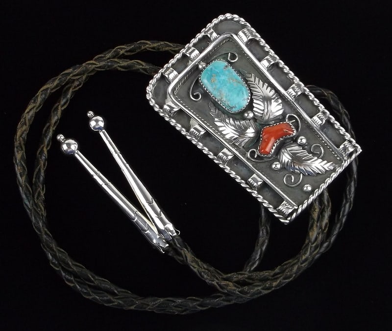 Huge Mint 1960s Navajo Sterling Turquoise Coral Bolo Tie 40" (1 of 9)