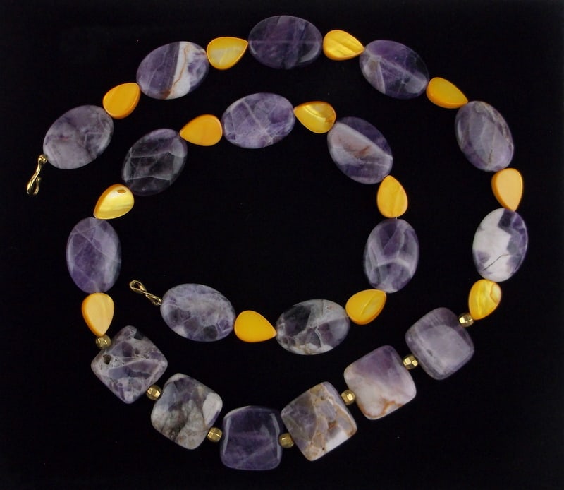 New Designer Genuine Amethyst & Mussel Necklace 26": new condition
