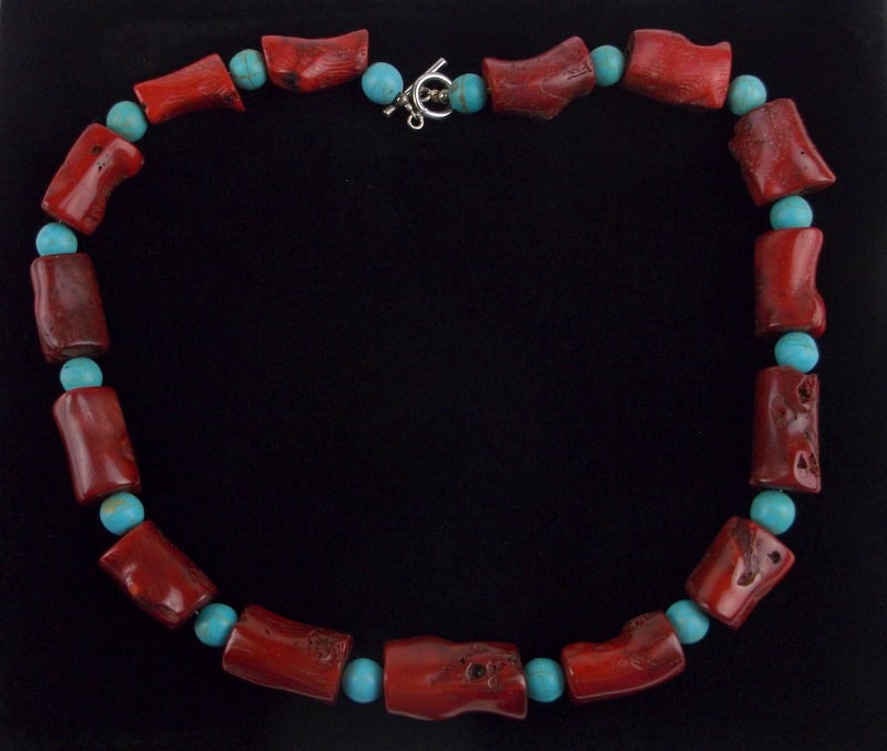 Mint Chunky Sterling Silver Red Coral Turquoise Necklace 19" (1 of 3)
