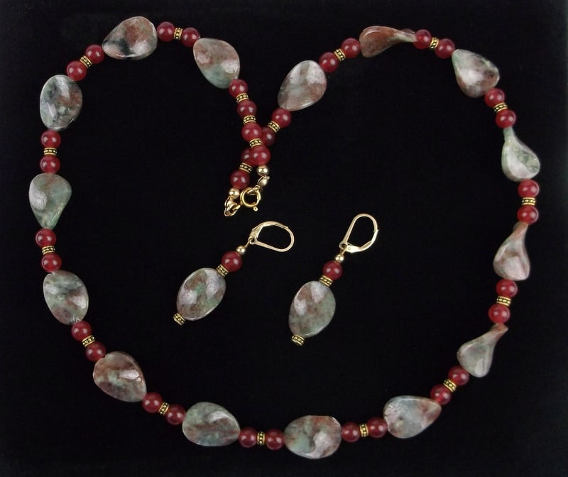 Mint 1960ss 14kt GF Red Jade Jadeite Necklace Earrings 20" (1 of 3)