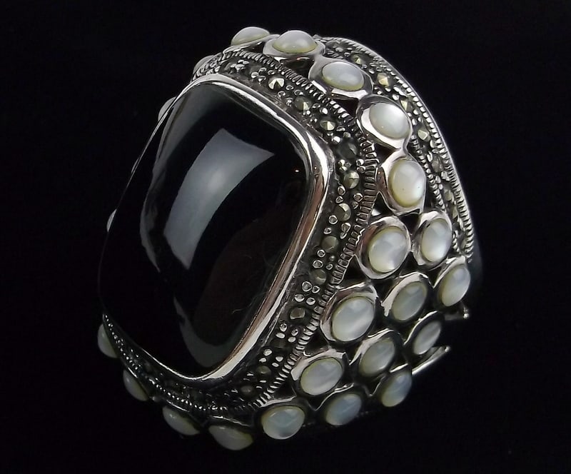 New Huge Collins Boxed Sterling Silver Onyx MOP Ring 10 (1 of 5)