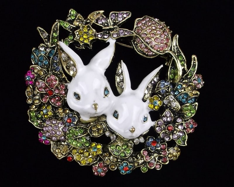 Big Mint Enameled Rhinestone Rabbit Butterfly Brooch (1 of 2)
