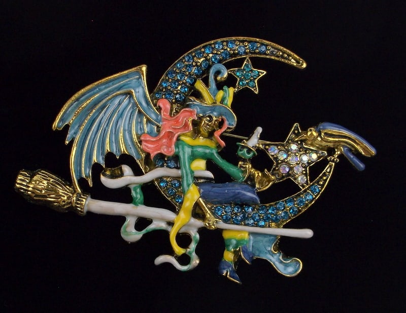 Big Mint Enameled Rhinestone Witch Cat Moon Brooch (1 of 2)