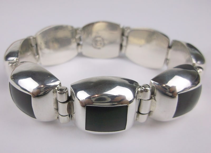 Big Mint Taxco Talleres Lagunas Sterling Onyx Bracelet 7.5" (1 of 5)