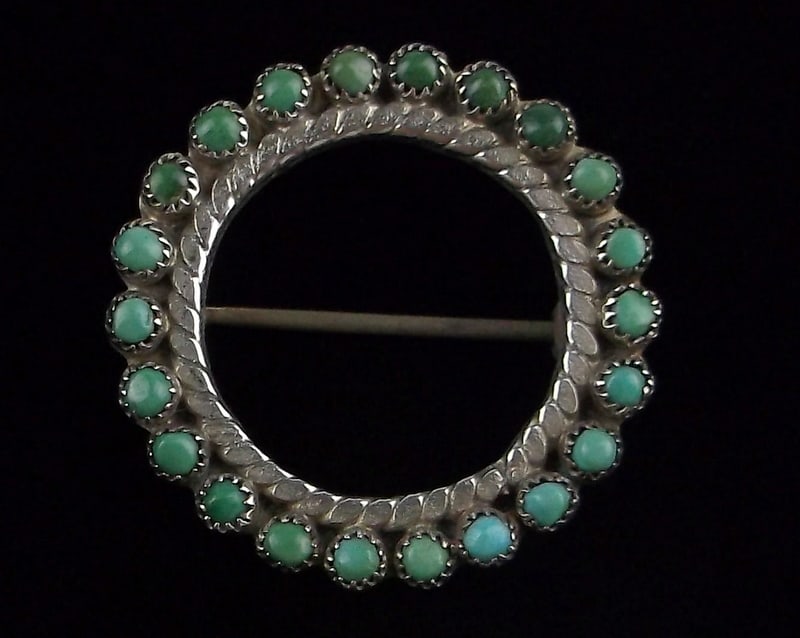 Mint RUE Zuni Sterling Silver Turquoise Circle Brooch (1 of 3)