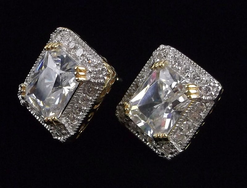 New Big Designer Gold Over Sterling White Stone Earrings Set: Solid Sterling Silver Guaranteed, in Brand New Never Worn Condition.