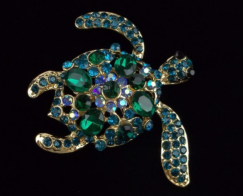 Mint Enameled Rhinestone Sea Turtle Brooch (1 of 2)