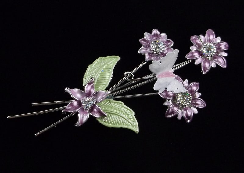 Mint Enameled Rhinestone Flower Butterfly Brooch (1 of 2)