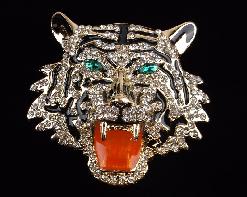 Big Mint Enameled Rhinestone Tiger Brooch (1 of 2)