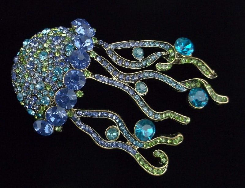 Big Mint Enameled Rhinestone Jellyfish Brooch: Mint Condition, In Like New Condition, Perfect