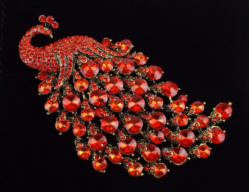 Huge Mint Enameled Rhinestone Peacock Brooch Ruby Red (1 of 2)