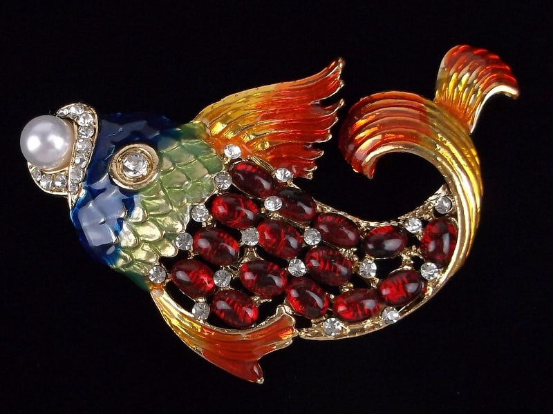 Big Mint Enameled Jelly Belly Rhinestone Koi Fish Brooch (1 of 3)