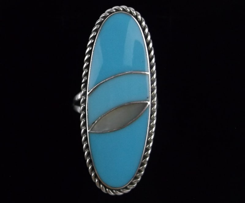 Big Navajo Norman Lee Sterling Silver Turquoise Ring 8: handmade Genuine Navajo Sterling Silver in Excellent Condition
