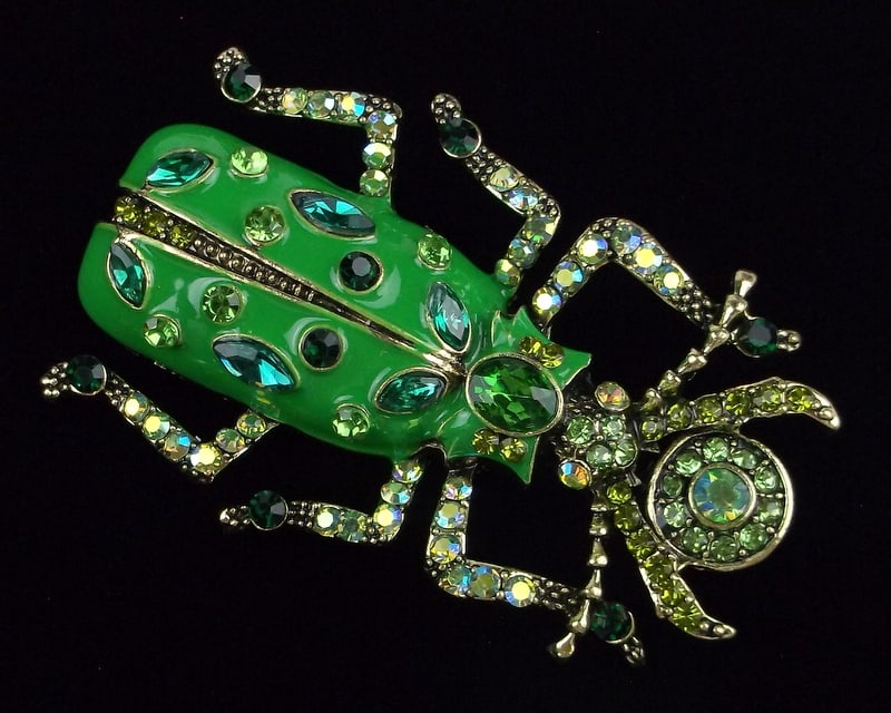 Big Mint Enameled Rhinestone Beetle Insect Brooch (1 of 2)