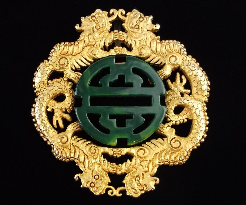 Rare LIA Lianna Vint Jade Color Bakelite Dragon Brooch Big (1 of 6)