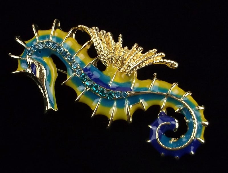 Mint Enameled Rhinestone Seahorse Brooch Life Size