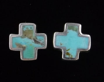 Mint Vintage Taxco Sterling Silver Turquoise Cross Earrings