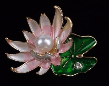 Mint Enameled Rhinestone Blooming Lotus Brooch